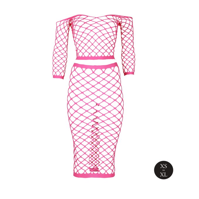 Bustier et Robe Filet Épaules dénudées Rose Fluo