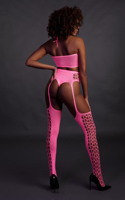 Ensemble Bustier et Porte-Jarretelles 2 Pièces Rose Fluo